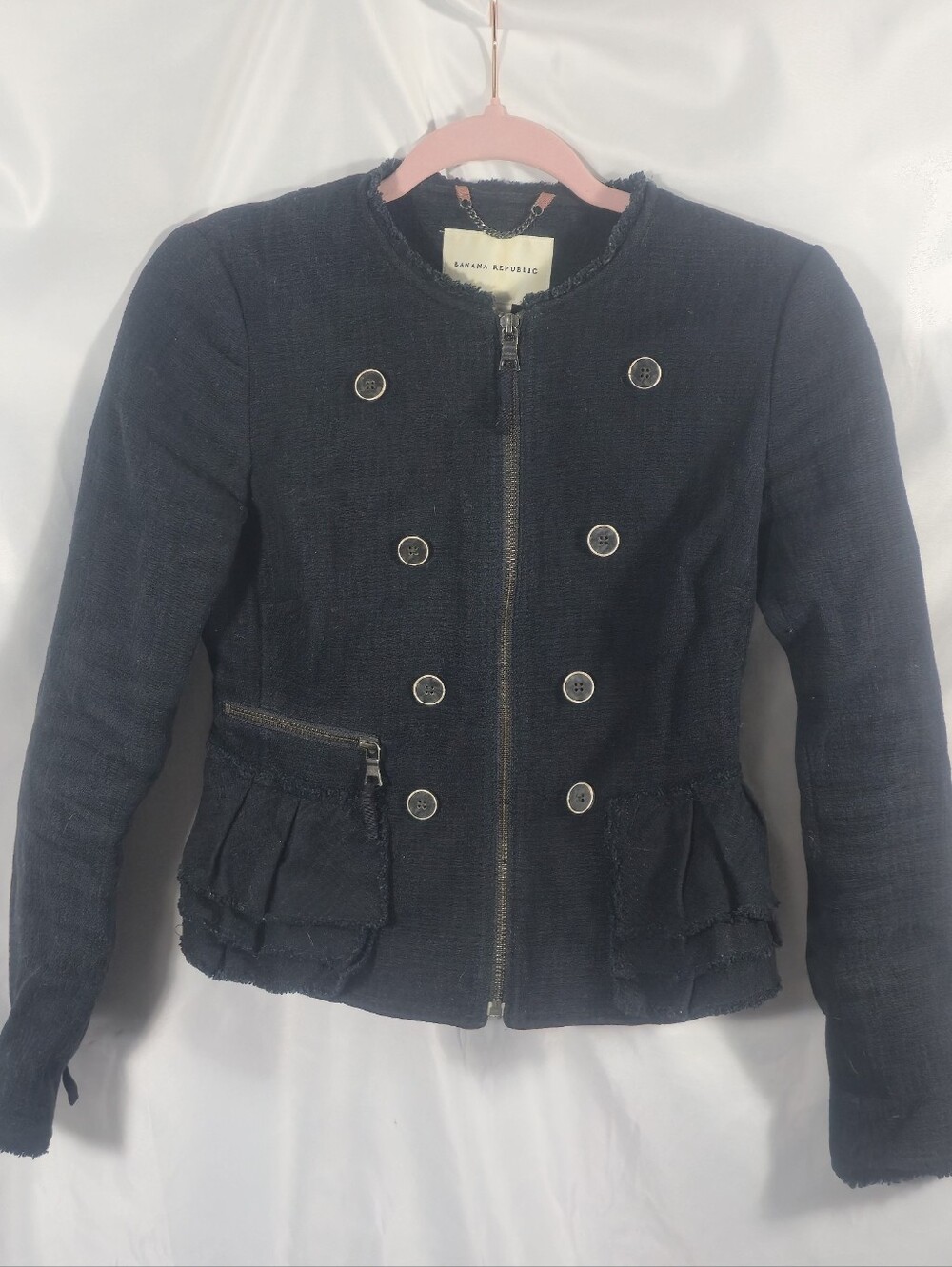 Banana Republic Frayed Utility Blazer Black Petite 0P Zip Ruffle